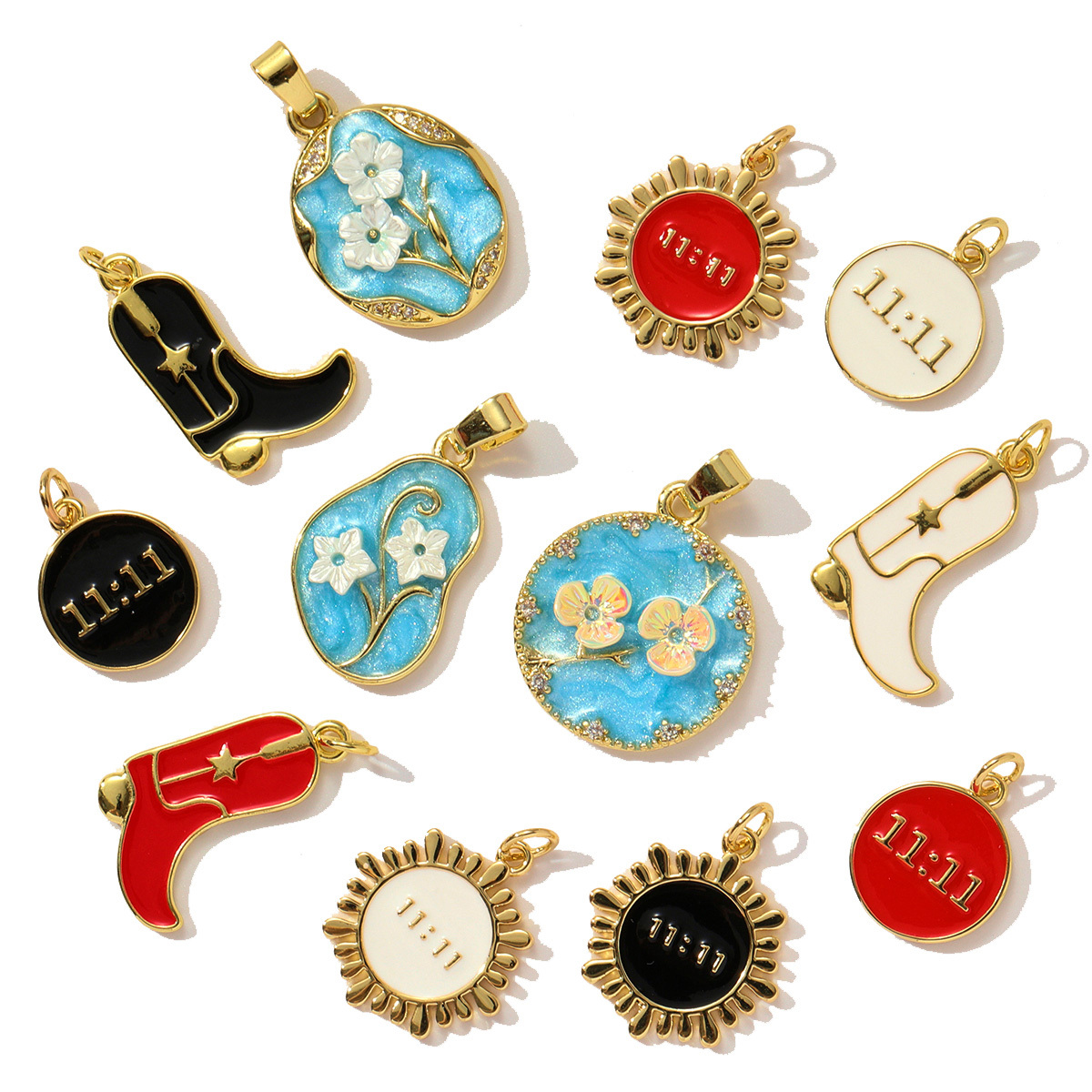 6pcs/pack Copper Zircon Angel Number 1111 Round DIY Charms Enamel Boots Flower Pendants Women Earring Jewelry Making