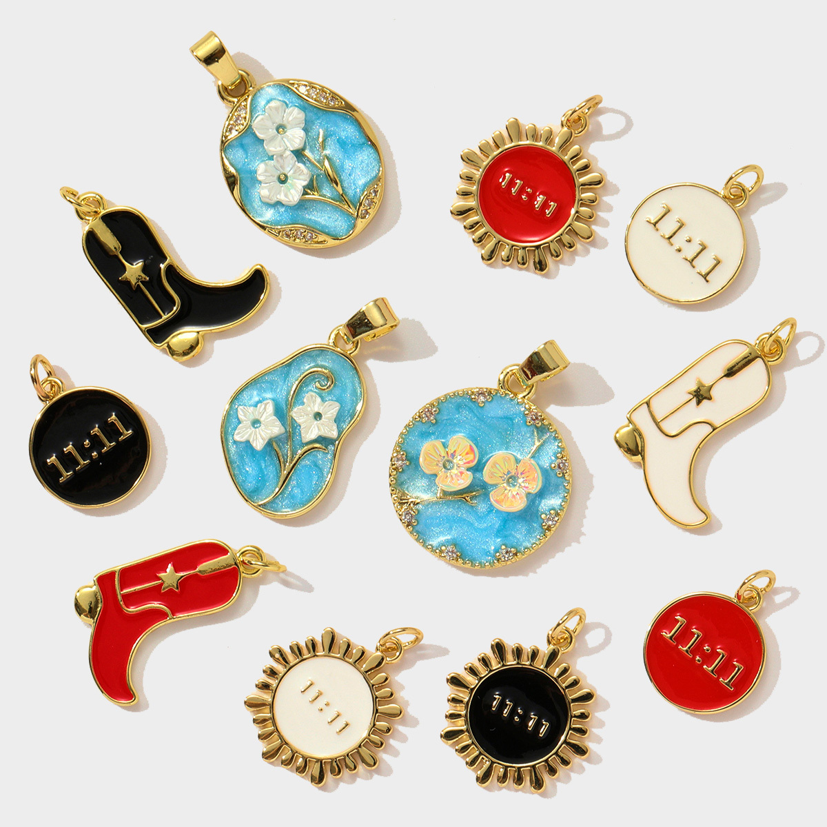 6pcs/pack Copper Zircon Angel Number 1111 Round DIY Charms Enamel Boots Flower Pendants Women Earring Jewelry Making