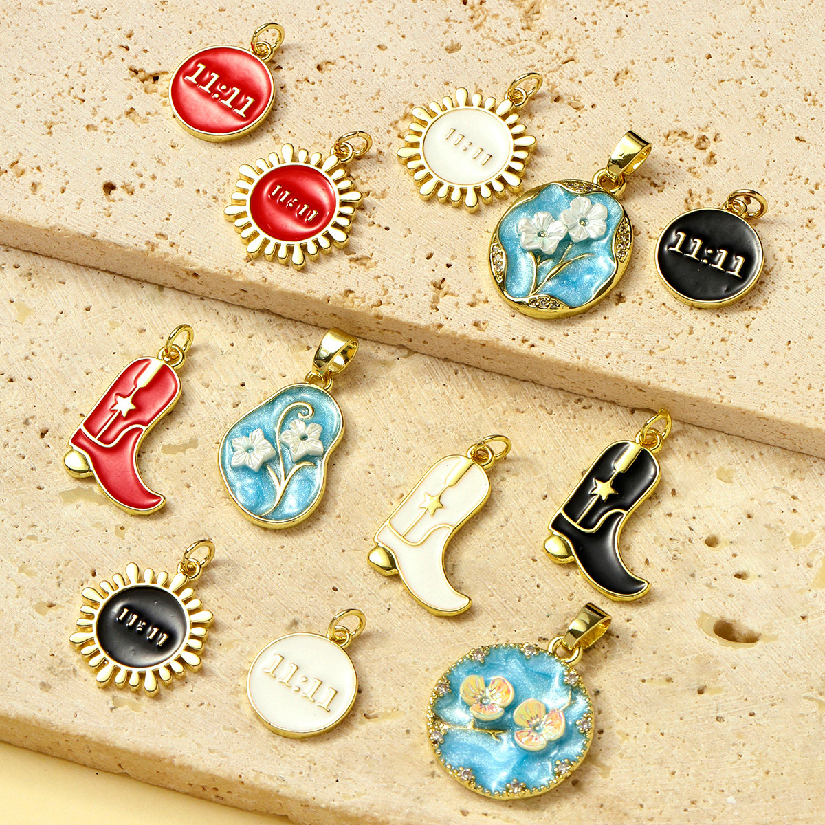 6pcs/pack Copper Zircon Angel Number 1111 Round DIY Charms Enamel Boots Flower Pendants Women Earring Jewelry Making