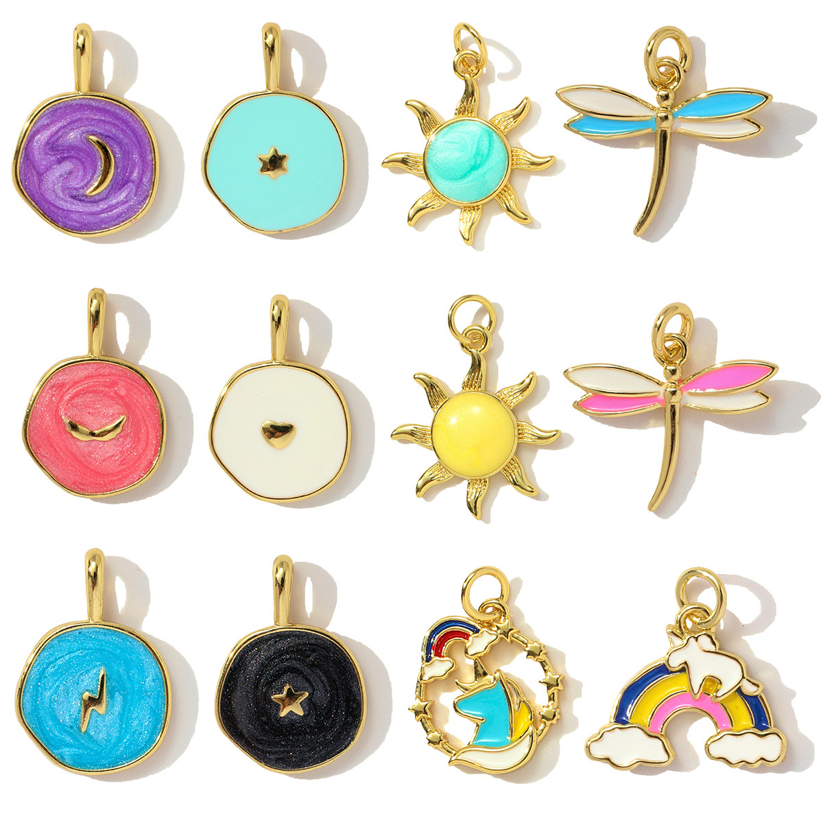 6pcs/pack Copper Zircon Love Heart Lightning DIY Charms Enamel Moon Star Dragonfly Pendants Women Sun Rainbow Jewelry