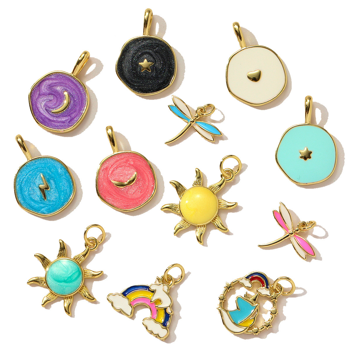 6pcs/pack Copper Zircon Love Heart Lightning DIY Charms Enamel Moon Star Dragonfly Pendants Women Sun Rainbow Jewelry