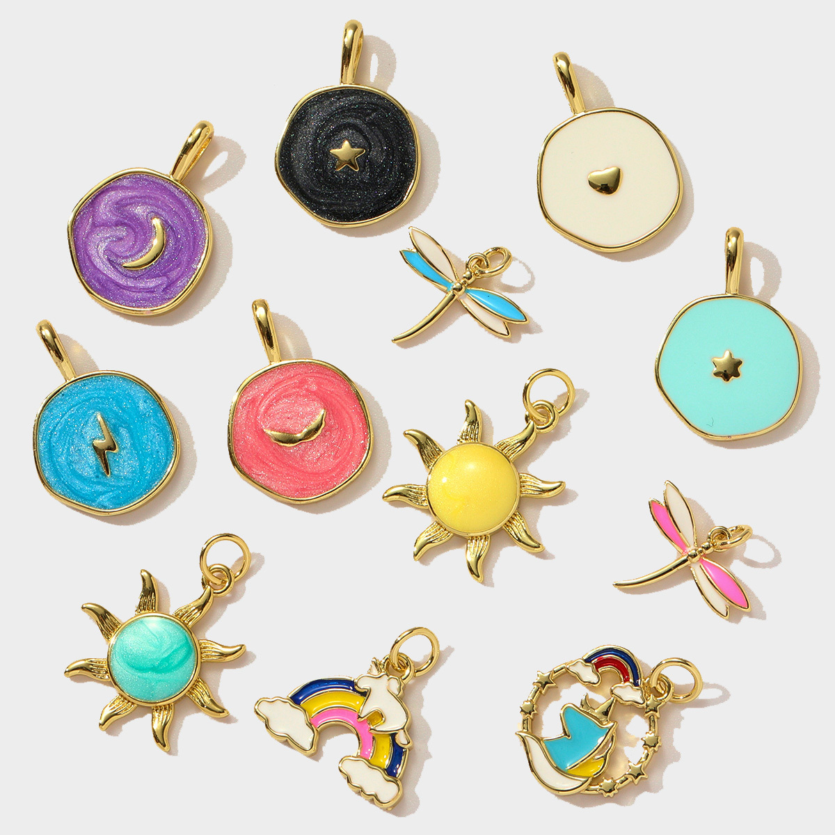 6pcs/pack Copper Zircon Love Heart Lightning DIY Charms Enamel Moon Star Dragonfly Pendants Women Sun Rainbow Jewelry