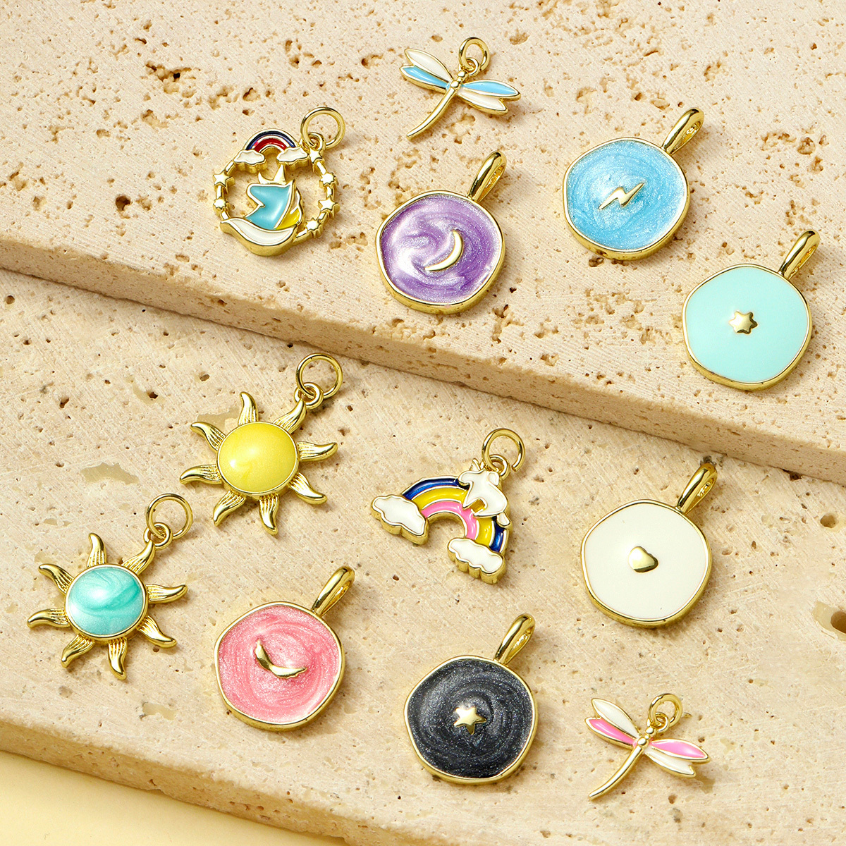 6pcs/pack Copper Zircon Love Heart Lightning DIY Charms Enamel Moon Star Dragonfly Pendants Women Sun Rainbow Jewelry