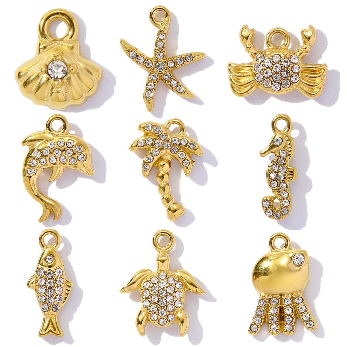 6pcs/pack Stainless Steel Rhinestone shell starfish crab Pendant seahorse dolphin turtle DIY Charms Necklace Making Women Jewelry