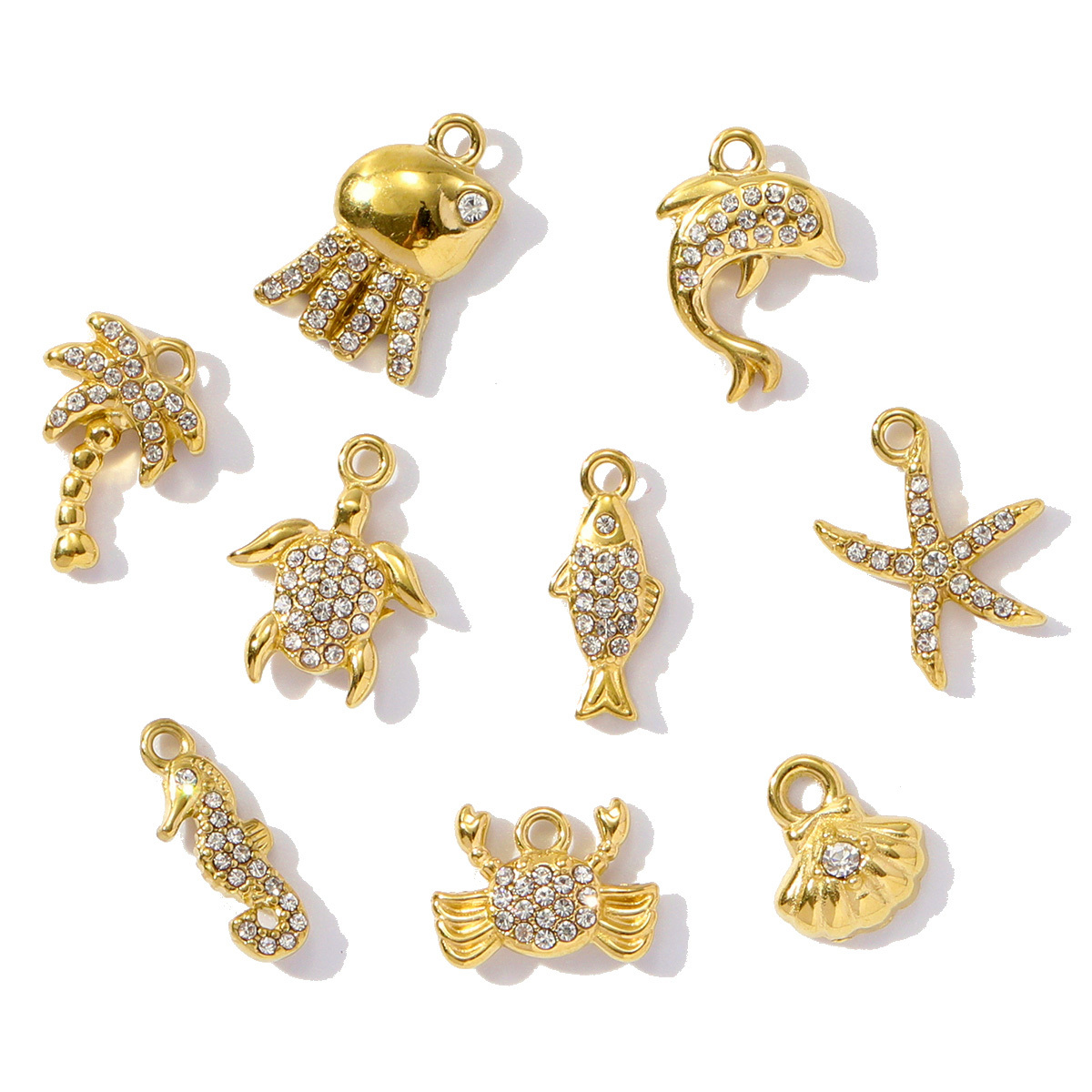 6pcs/pack Stainless Steel Rhinestone shell starfish crab Pendant seahorse dolphin turtle DIY Charms Necklace Making Women Jewelry