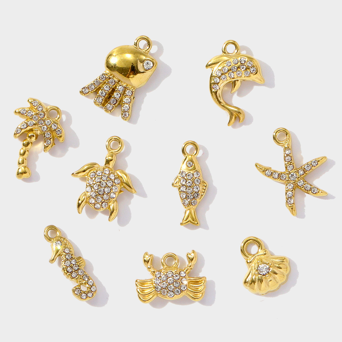 6pcs/pack Stainless Steel Rhinestone shell starfish crab Pendant seahorse dolphin turtle DIY Charms Necklace Making Women Jewelry