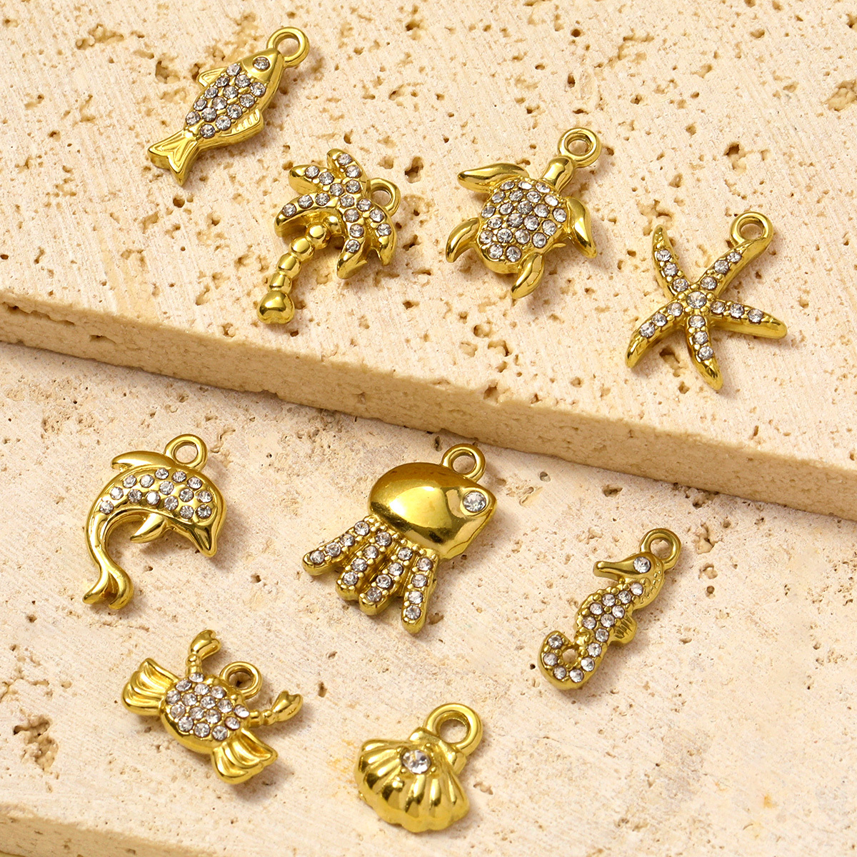 6pcs/pack Stainless Steel Rhinestone shell starfish crab Pendant seahorse dolphin turtle DIY Charms Necklace Making Women Jewelry