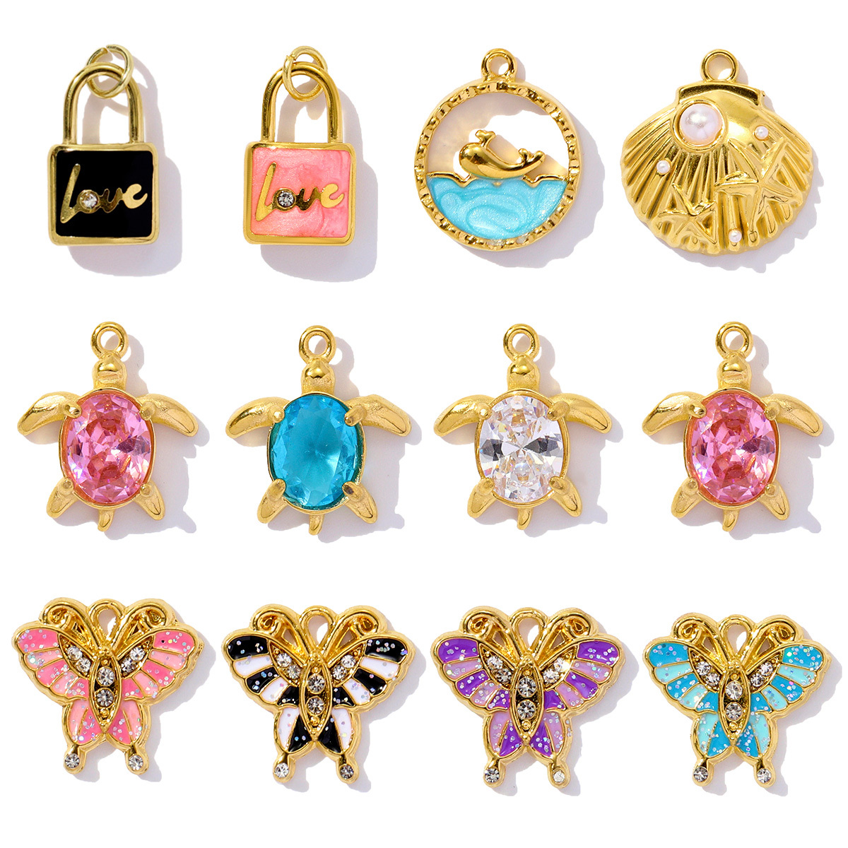 6pcs/pack French Style Stainless Steel Enamel Butterfly  Pearl Shell Pendant Dolphin Turtle Lock  DIY Charms Necklace Making Women Jewelry