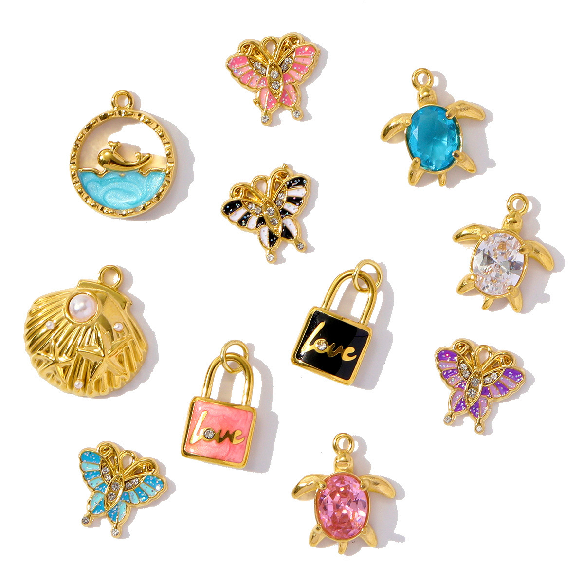 6pcs/pack French Style Stainless Steel Enamel Butterfly  Pearl Shell Pendant Dolphin Turtle Lock  DIY Charms Necklace Making Women Jewelry