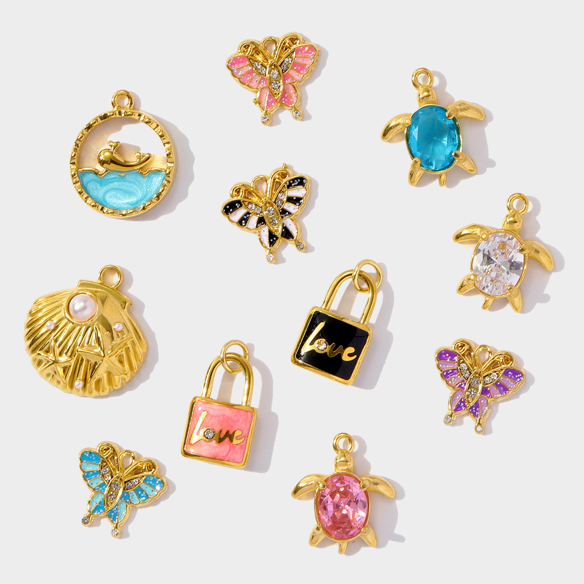 6pcs/pack French Style Stainless Steel Enamel Butterfly  Pearl Shell Pendant Dolphin Turtle Lock  DIY Charms Necklace Making Women Jewelry