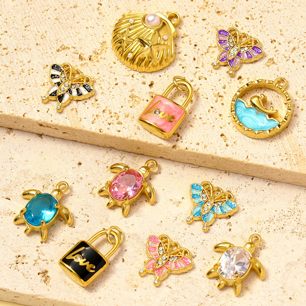 6pcs/pack French Style Stainless Steel Enamel Butterfly  Pearl Shell Pendant Dolphin Turtle Lock  DIY Charms Necklace Making Women Jewelry