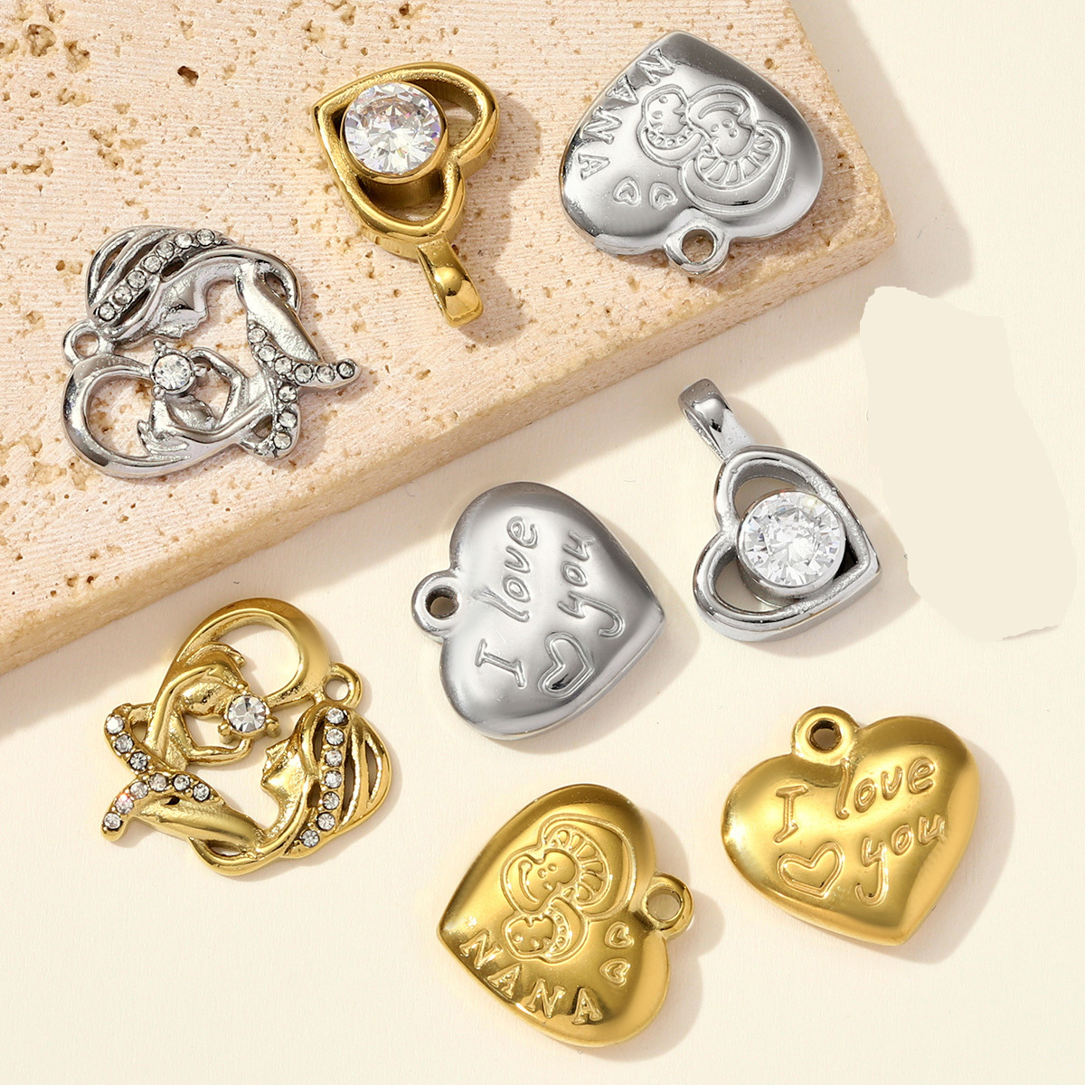 6pcs/pack French Stainless Steel I love You Necklace Pendants Mushroom NANA DIY Charms Women Crystal Heart Jewelry Wholesale