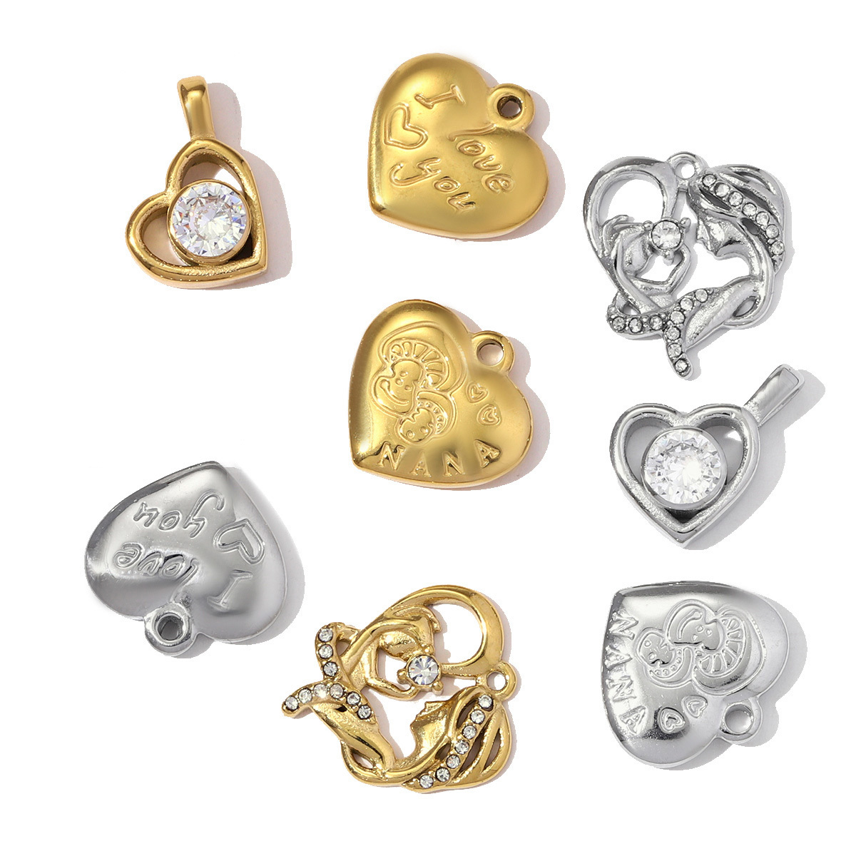 6pcs/pack French Stainless Steel I love You Necklace Pendants Mushroom NANA DIY Charms Women Crystal Heart Jewelry Wholesale