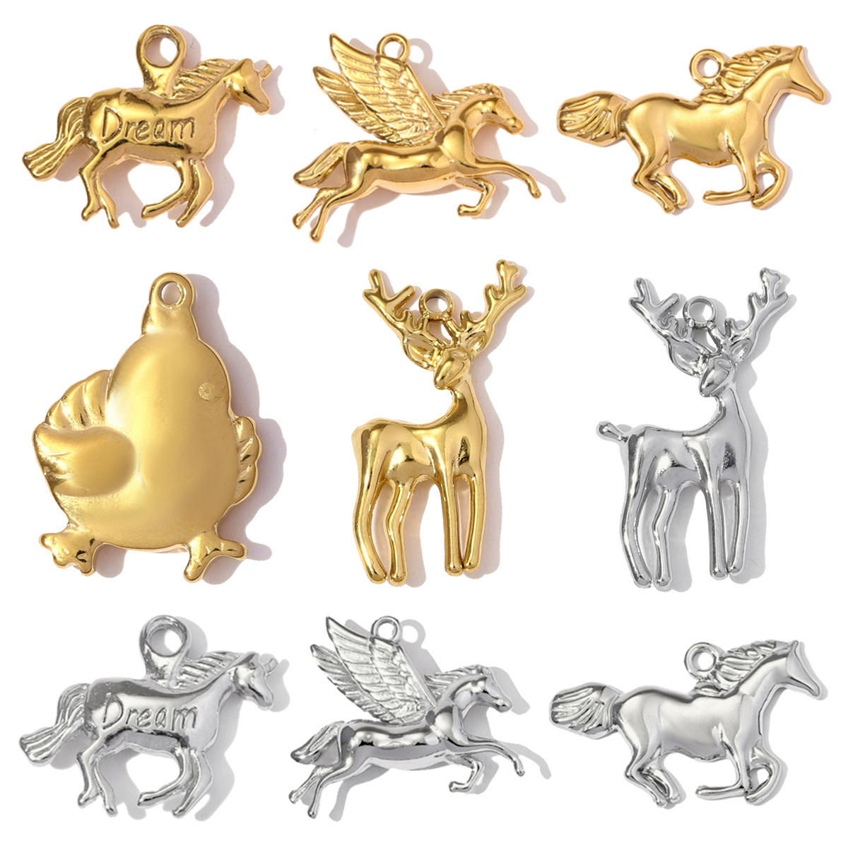 6pcs/pack Cute Stainless Steel Hen Dream Horse Necklace Pendants Unicorn DIY Charms Women Christmas Milu deer Jewelry Wholesale