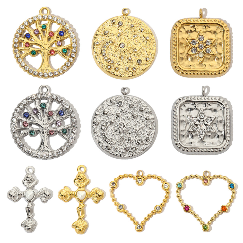 6pcs/pack French Moon Star Stainless Steel Diy Charms Women Tree Of Life Earring Necklace Pendant Cross Heart Jewelry