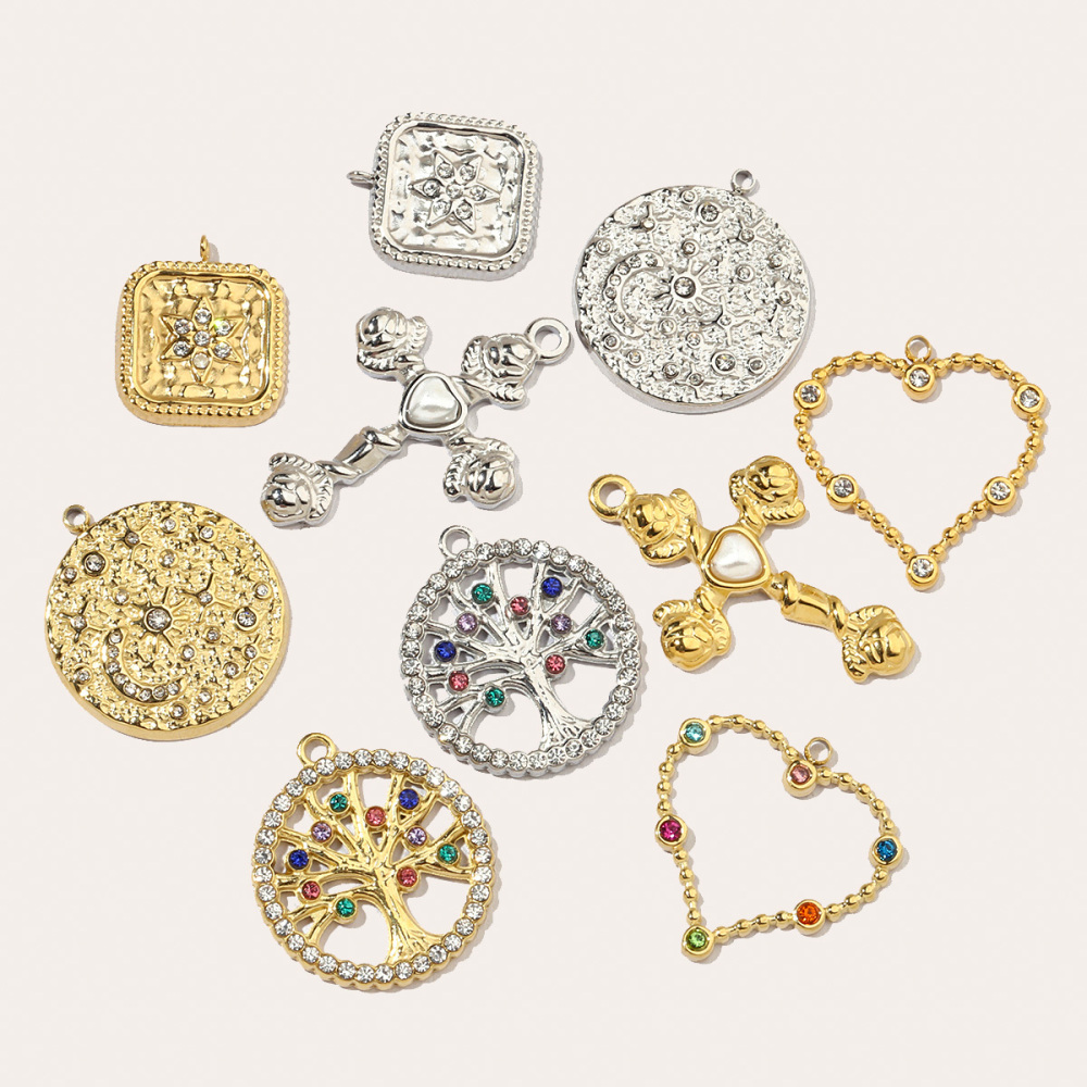 6pcs/pack French Moon Star Stainless Steel Diy Charms Women Tree Of Life Earring Necklace Pendant Cross Heart Jewelry