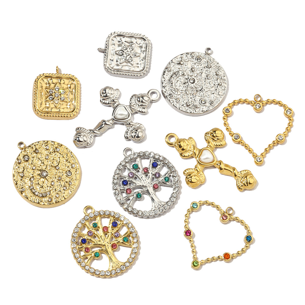6pcs/pack French Moon Star Stainless Steel Diy Charms Women Tree Of Life Earring Necklace Pendant Cross Heart Jewelry