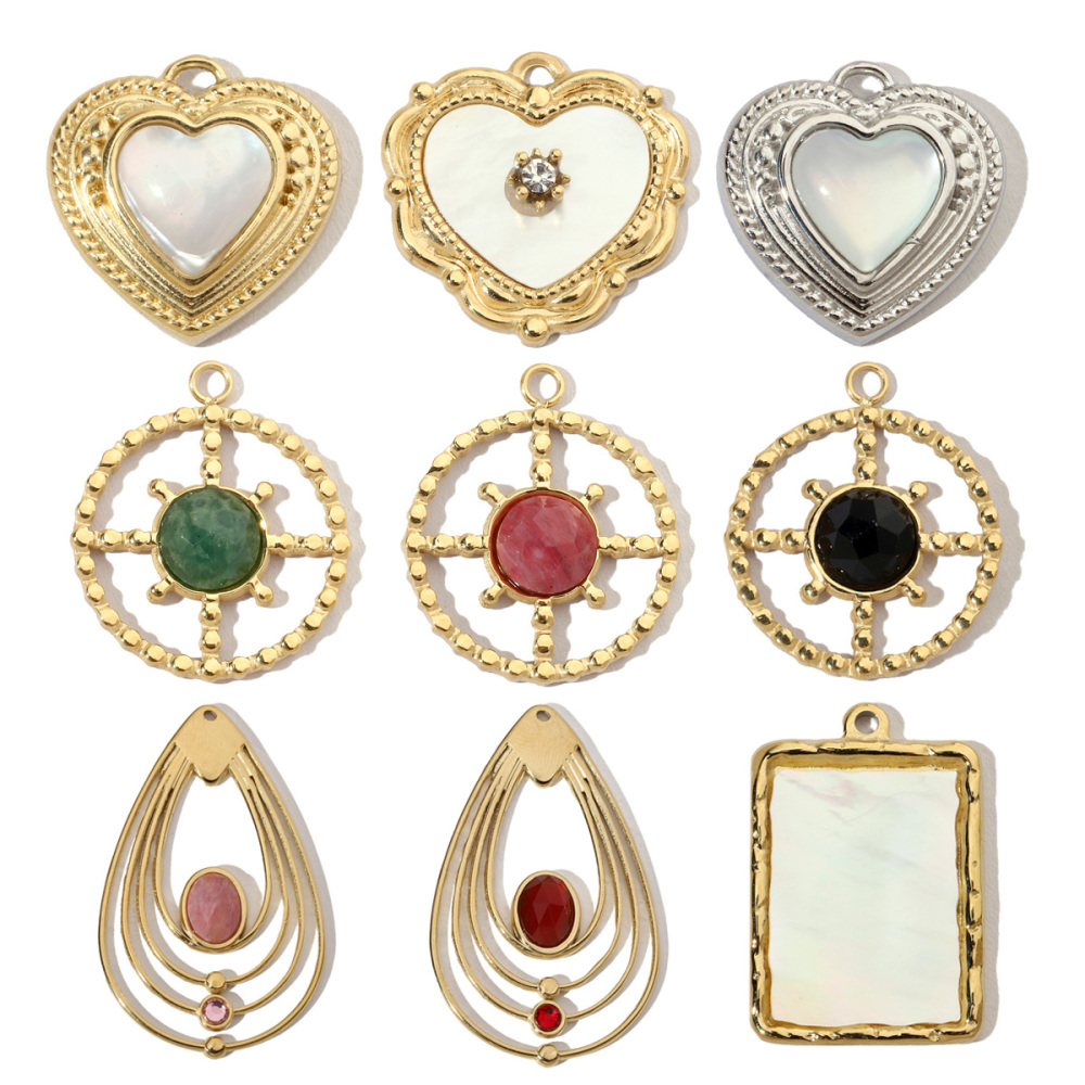 6pcs/pack French Sun Waterdrop Natural Stone Stainless Steel Diy Charm Women Heart Shell Necklace Pendant Mother Of Pearl Jewelry