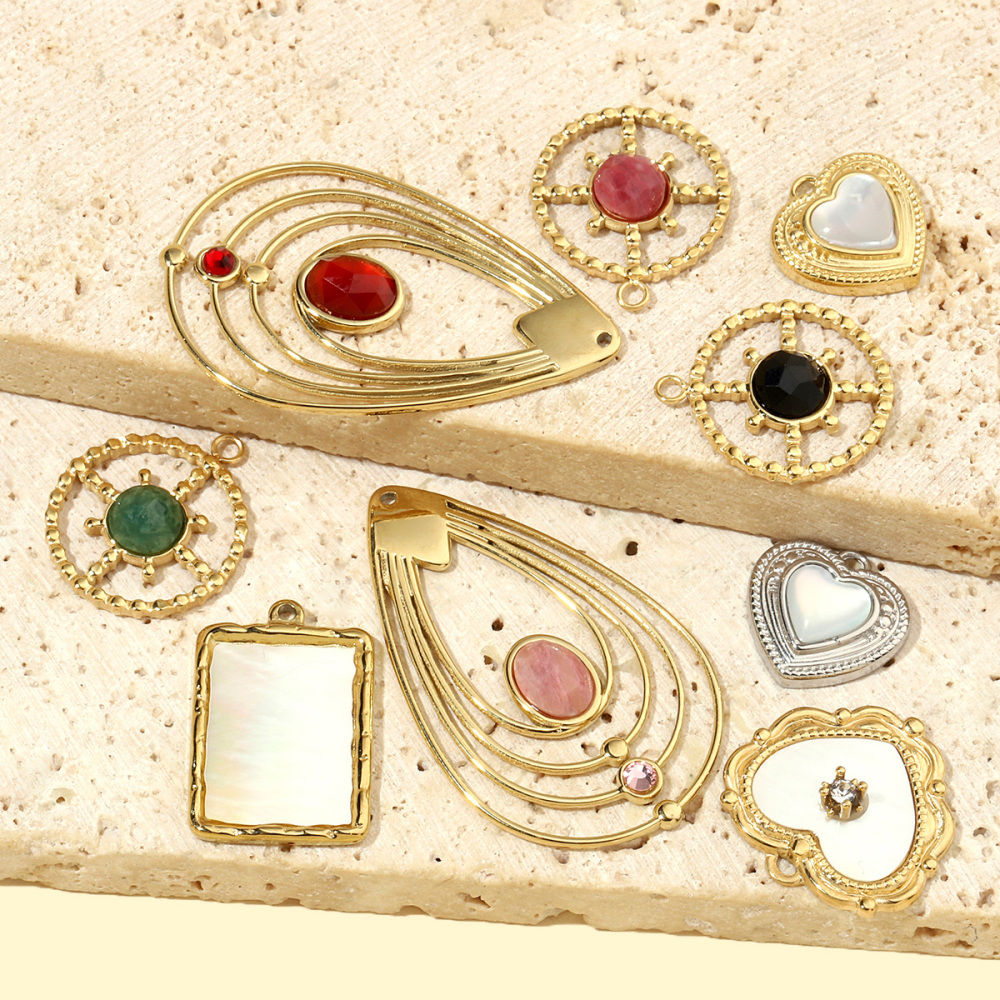 6pcs/pack French Sun Waterdrop Natural Stone Stainless Steel Diy Charm Women Heart Shell Necklace Pendant Mother Of Pearl Jewelry