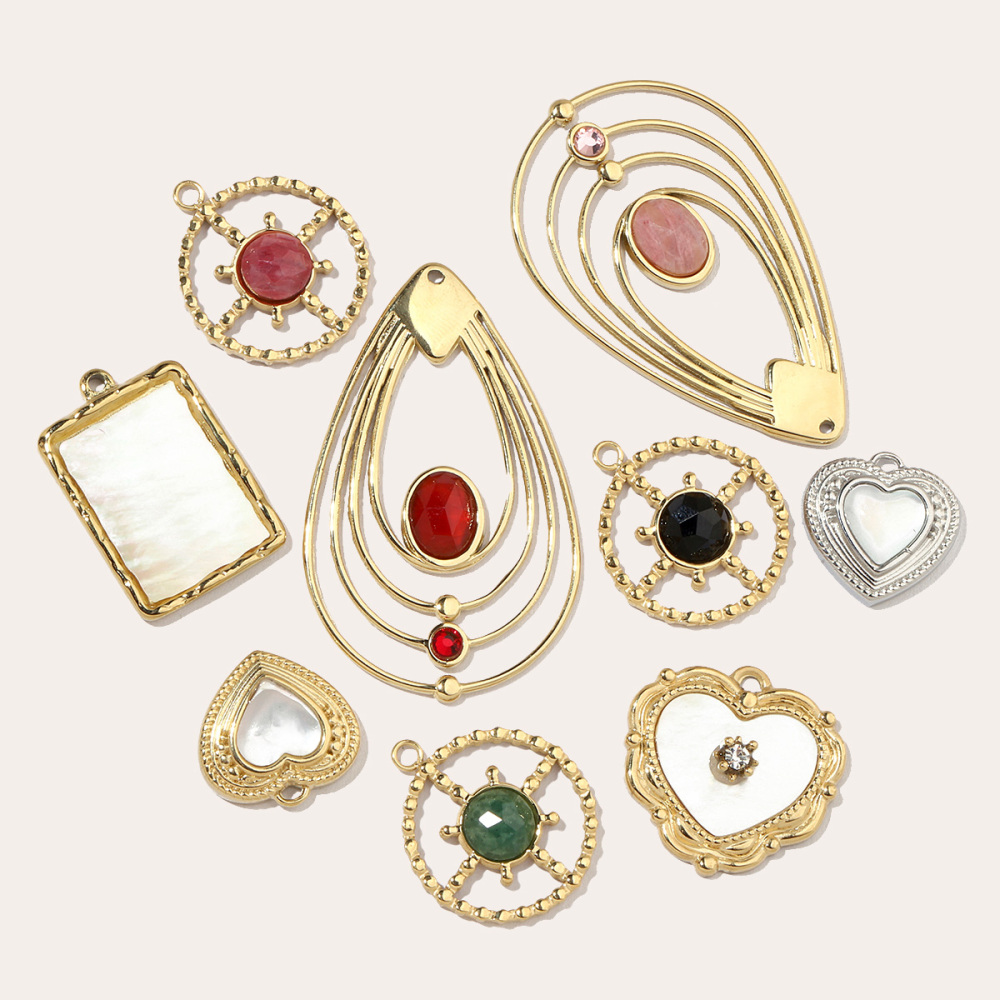 6pcs/pack French Sun Waterdrop Natural Stone Stainless Steel Diy Charm Women Heart Shell Necklace Pendant Mother Of Pearl Jewelry