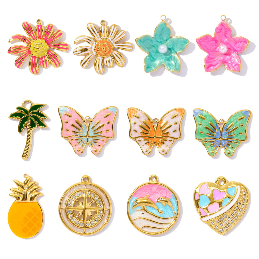 6pcs/pack Cute Stainless Steel Enamel Heart Pineapple Pendant Butterfly Flower Palm DIY Charms Necklace Making Women Jewelry