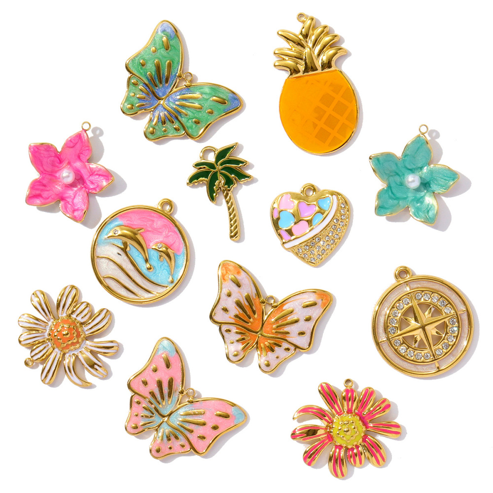 6pcs/pack Cute Stainless Steel Enamel Heart Pineapple Pendant Butterfly Flower Palm DIY Charms Necklace Making Women Jewelry