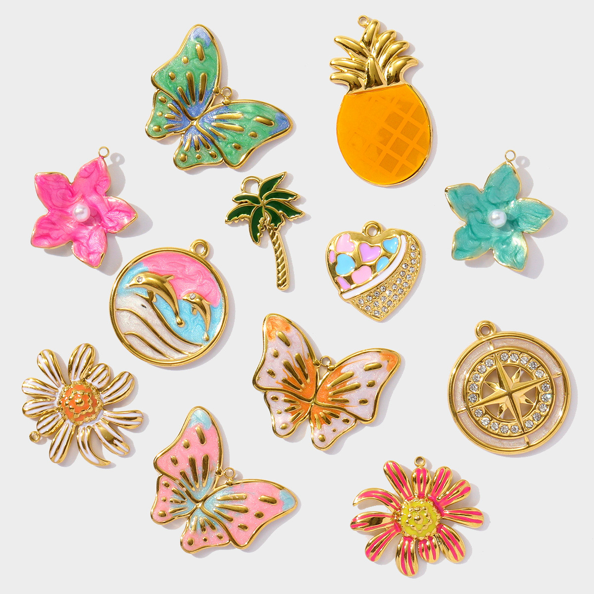 6pcs/pack Cute Stainless Steel Enamel Heart Pineapple Pendant Butterfly Flower Palm DIY Charms Necklace Making Women Jewelry