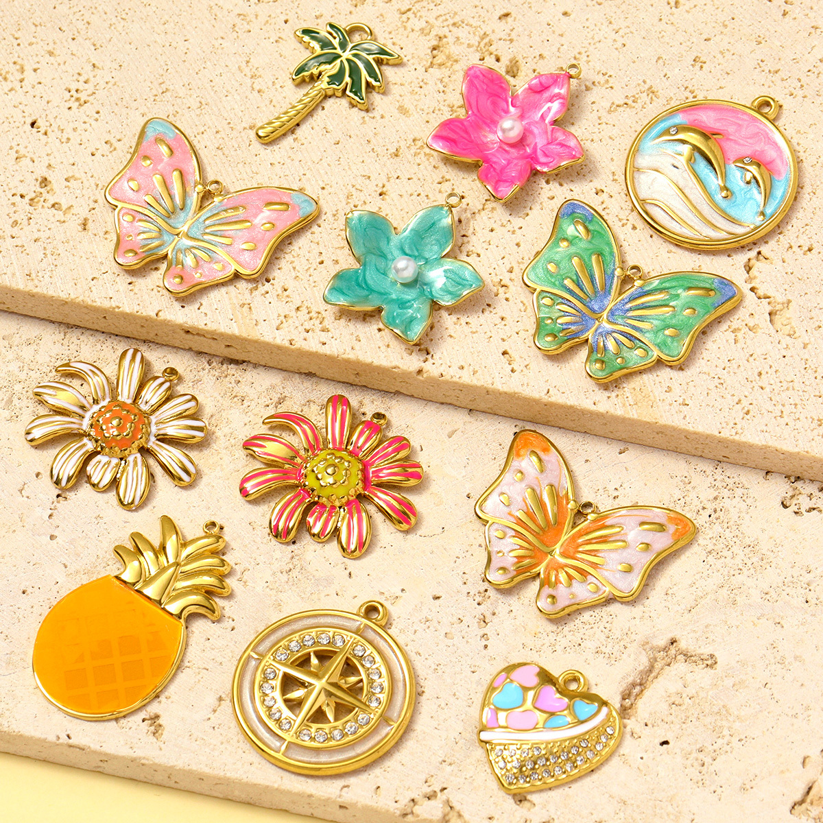 6pcs/pack Cute Stainless Steel Enamel Heart Pineapple Pendant Butterfly Flower Palm DIY Charms Necklace Making Women Jewelry