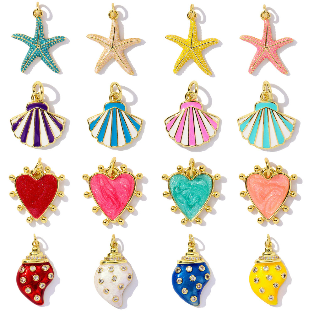 6pcs/pack Unique Copper Enamel Rhinestone Conch Pendant Starfish Shell DIY Charms Necklace Earrings Making Women Jewelry Wholesale