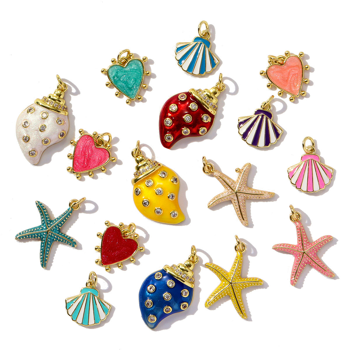 6pcs/pack Unique Copper Enamel Rhinestone Conch Pendant Starfish Shell DIY Charms Necklace Earrings Making Women Jewelry Wholesale