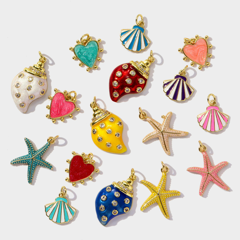 6pcs/pack Unique Copper Enamel Rhinestone Conch Pendant Starfish Shell DIY Charms Necklace Earrings Making Women Jewelry Wholesale