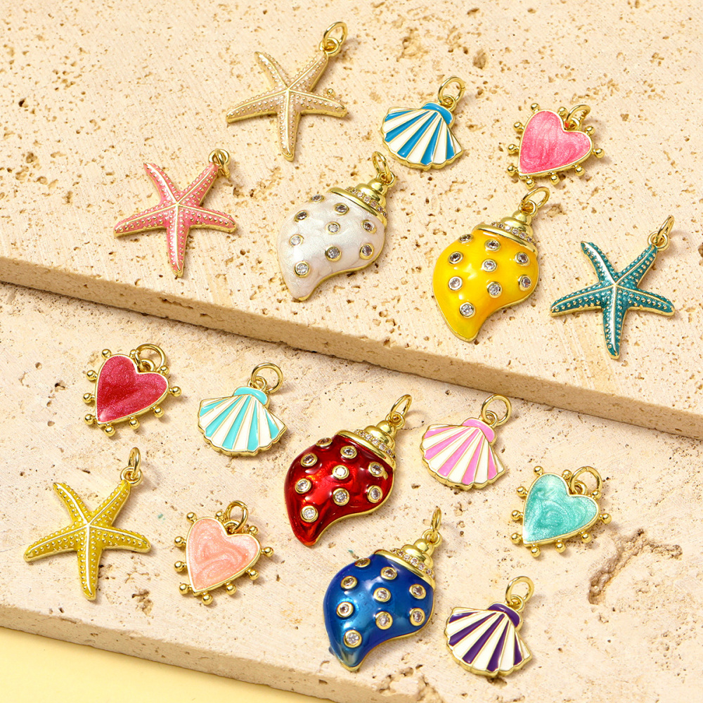 6pcs/pack Unique Copper Enamel Rhinestone Conch Pendant Starfish Shell DIY Charms Necklace Earrings Making Women Jewelry Wholesale