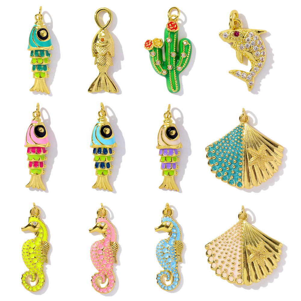 6pcs/pack Wholesale Copper Zircon shark Pendant Enamel Cactus Fish Seahorse Shell DIY Charms Earrings Making Women Jewelry