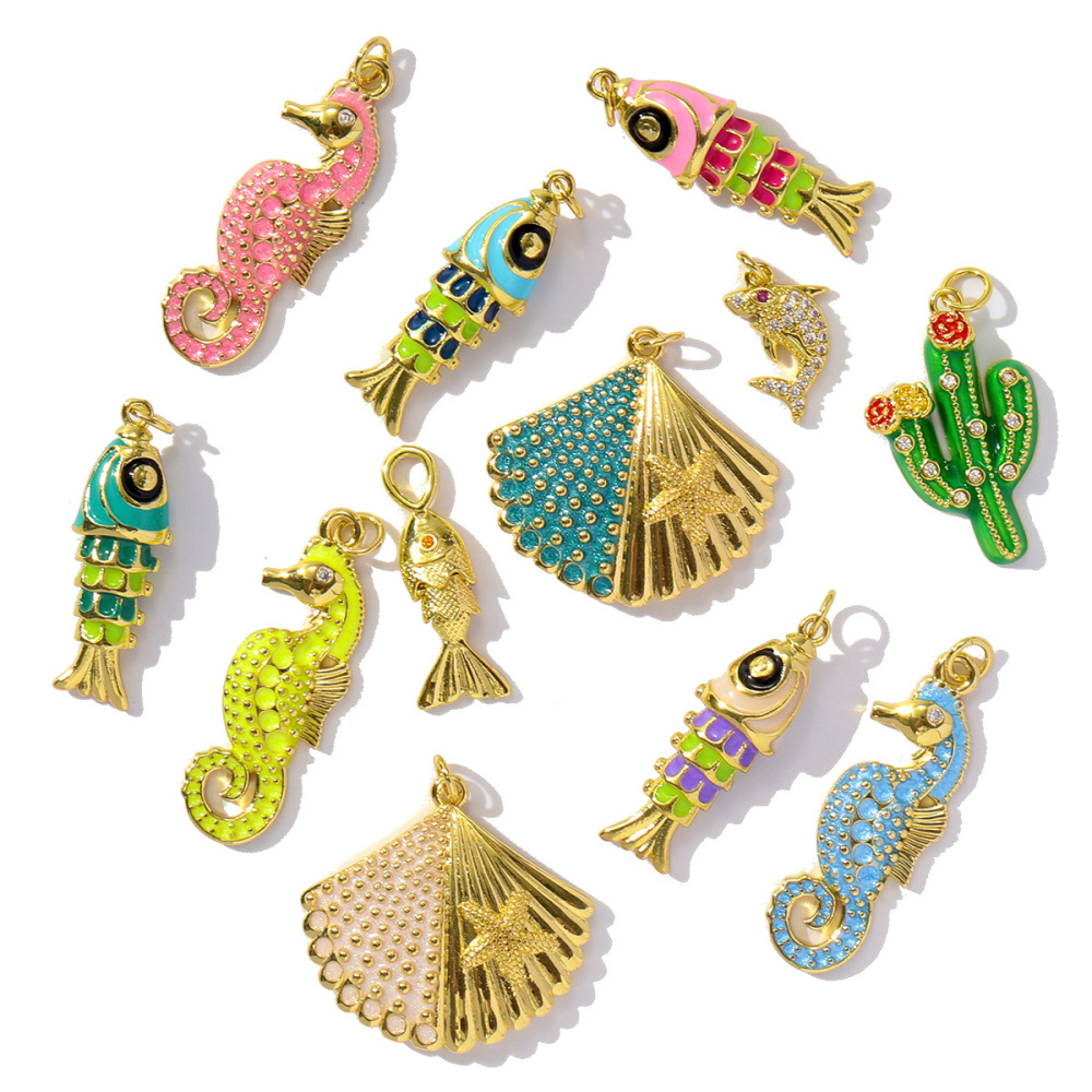 6pcs/pack Wholesale Copper Zircon shark Pendant Enamel Cactus Fish Seahorse Shell DIY Charms Earrings Making Women Jewelry