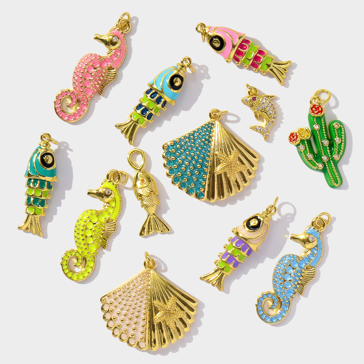 6pcs/pack Wholesale Copper Zircon shark Pendant Enamel Cactus Fish Seahorse Shell DIY Charms Earrings Making Women Jewelry