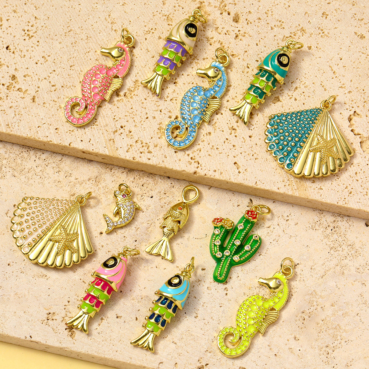 6pcs/pack Wholesale Copper Zircon shark Pendant Enamel Cactus Fish Seahorse Shell DIY Charms Earrings Making Women Jewelry