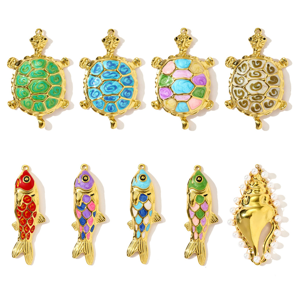 6pcs/pack Stainless Steel Colored Enamel Fish Turtle Necklace Pendants Pearl Conch DIY Charms Women Ocena Style Jewelry Wholesale