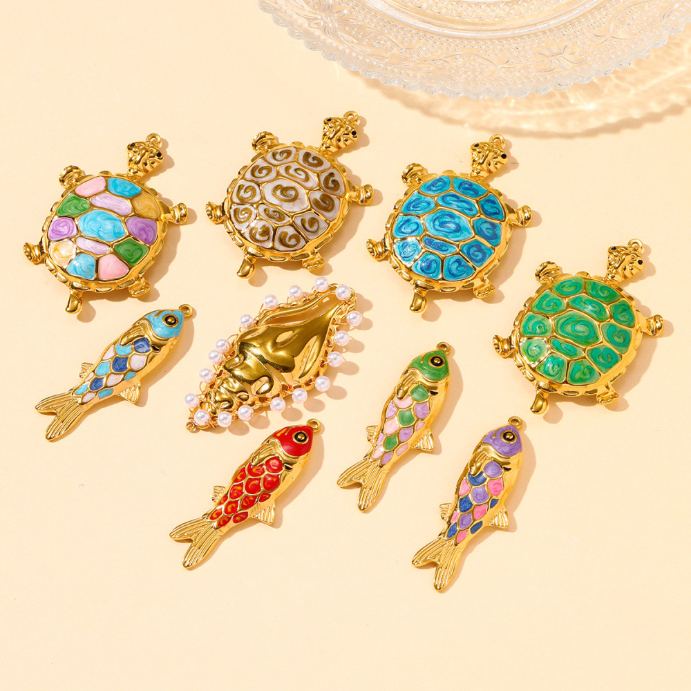 6pcs/pack Stainless Steel Colored Enamel Fish Turtle Necklace Pendants Pearl Conch DIY Charms Women Ocena Style Jewelry Wholesale