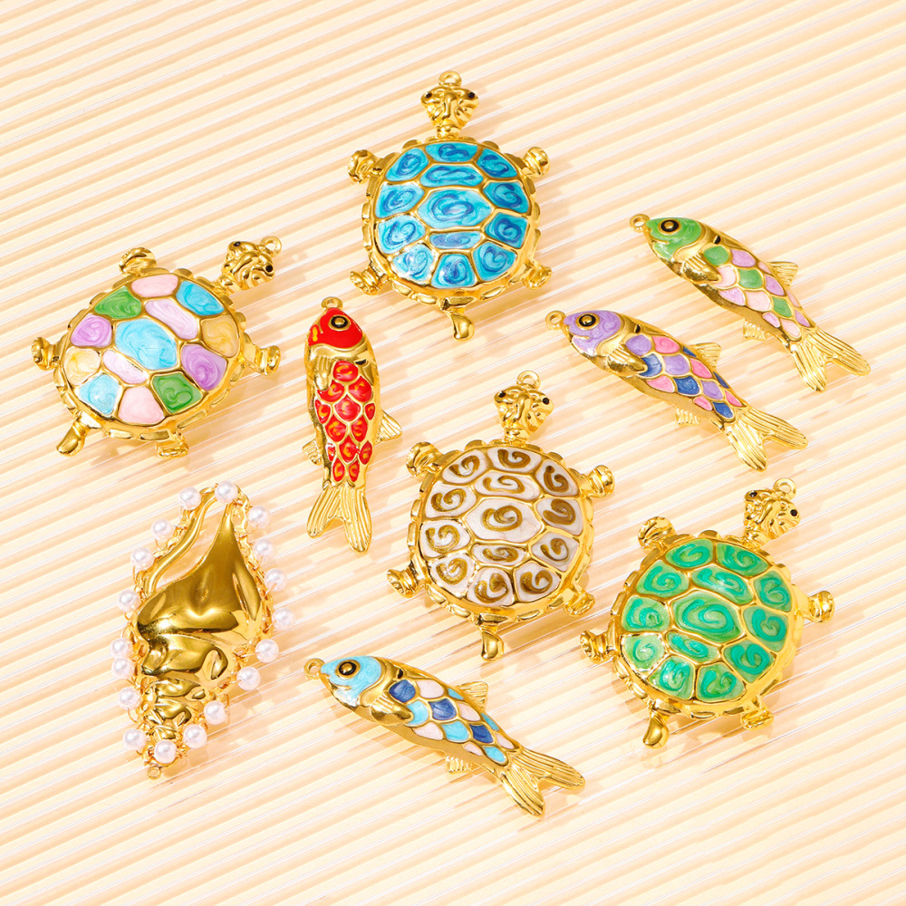 6pcs/pack Stainless Steel Colored Enamel Fish Turtle Necklace Pendants Pearl Conch DIY Charms Women Ocena Style Jewelry Wholesale