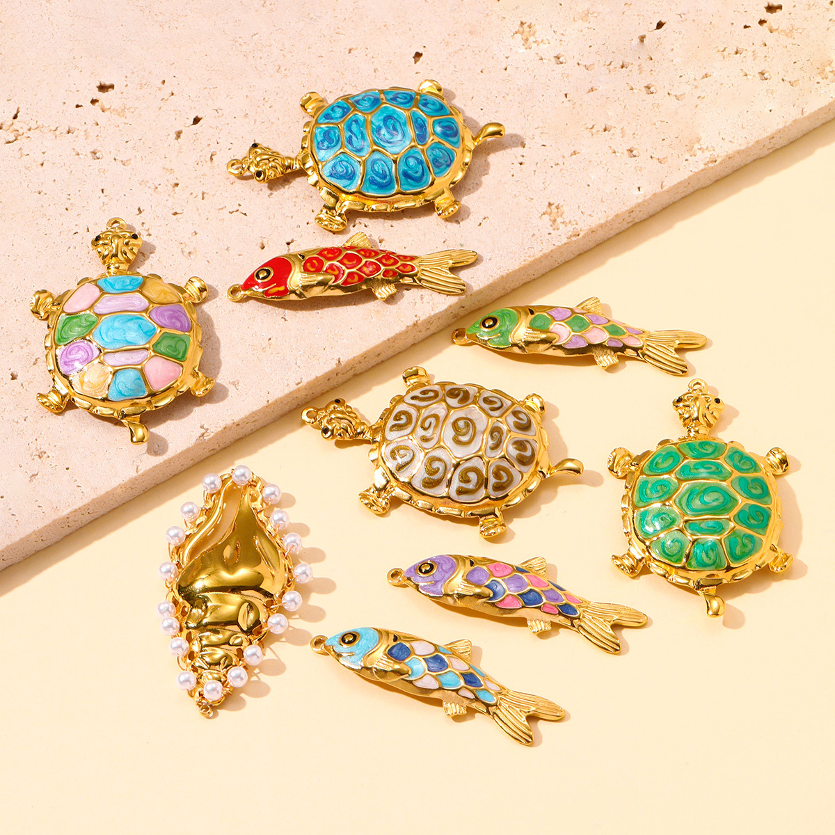 6pcs/pack Stainless Steel Colored Enamel Fish Turtle Necklace Pendants Pearl Conch DIY Charms Women Ocena Style Jewelry Wholesale