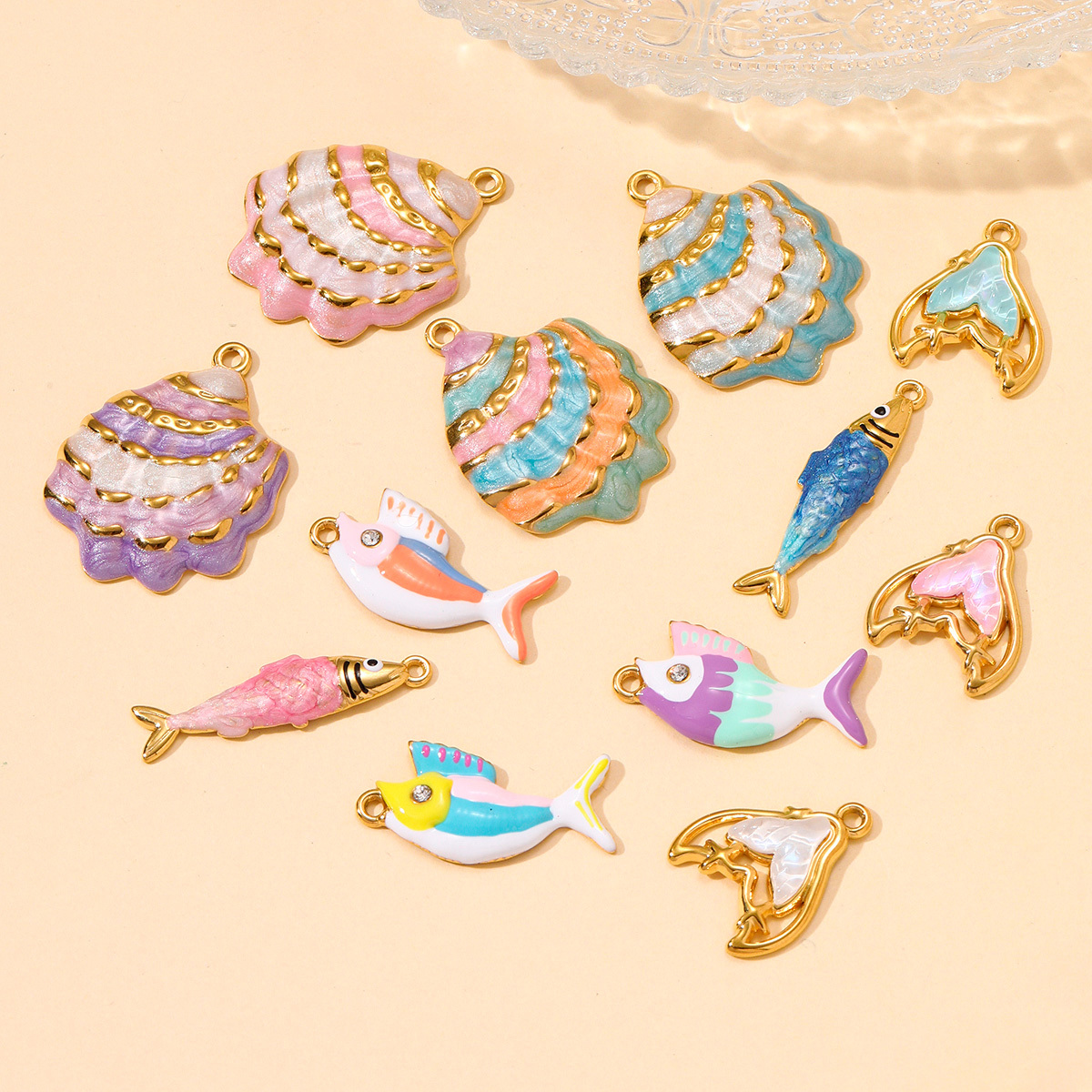 6pcs/pack Wholesale Stainless Steel Fish Mermaid Tail Necklace Pendants Enamel Shell DIY Earring Charms Women Ocena Style Jewelry