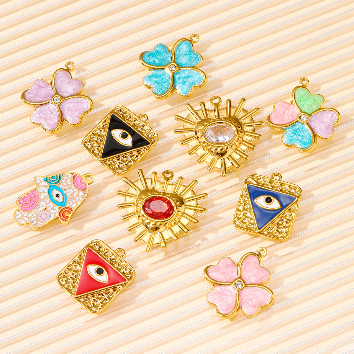 6pcs/pack Wholesale Stainless Steel Enamel Hamsa Hand Necklace Pendants Evil Eye DIY Bracelet Charms Women Heart Clover Jewelry