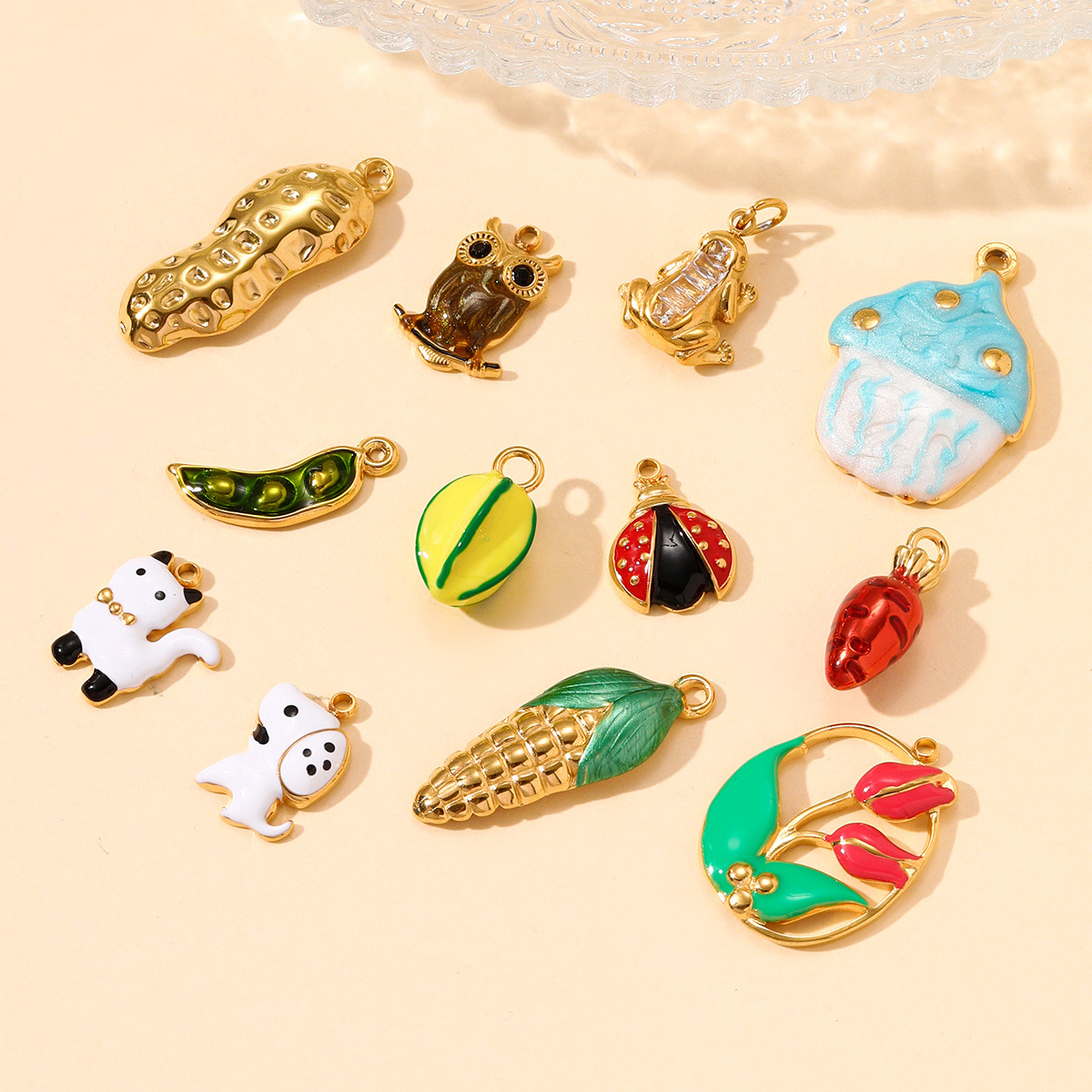 6pcs/pack Enamel Stainless Steel Cute Dog Cat Owl Diy Charms Cake Corn Carrot Necklace Pendants Women Peanut Carambola Jewelry