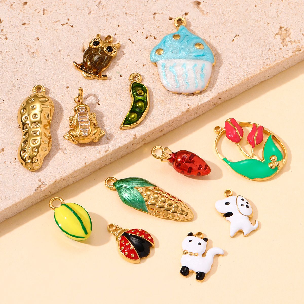 6pcs/pack Enamel Stainless Steel Cute Dog Cat Owl Diy Charms Cake Corn Carrot Necklace Pendants Women Peanut Carambola Jewelry