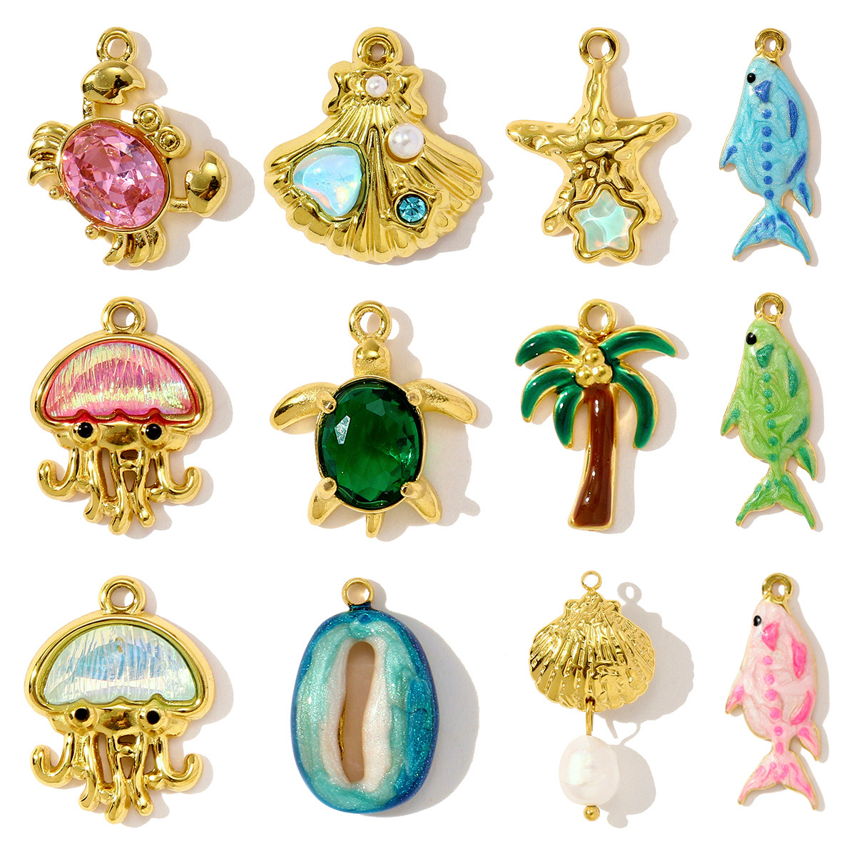 6pcs/pack Stainless Steel Enamel Plam Tree Shell Diy Earring Charms Crab Turtle Jellyfish Necklace Pendants Women Sea Ocean Jewelry