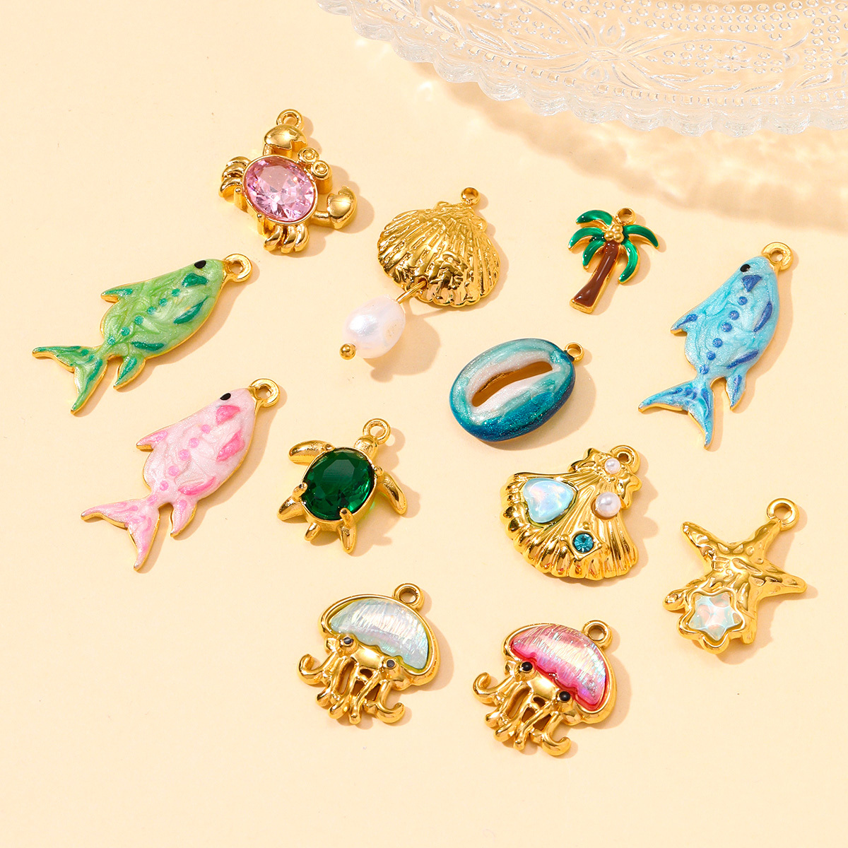 6pcs/pack Stainless Steel Enamel Plam Tree Shell Diy Earring Charms Crab Turtle Jellyfish Necklace Pendants Women Sea Ocean Jewelry