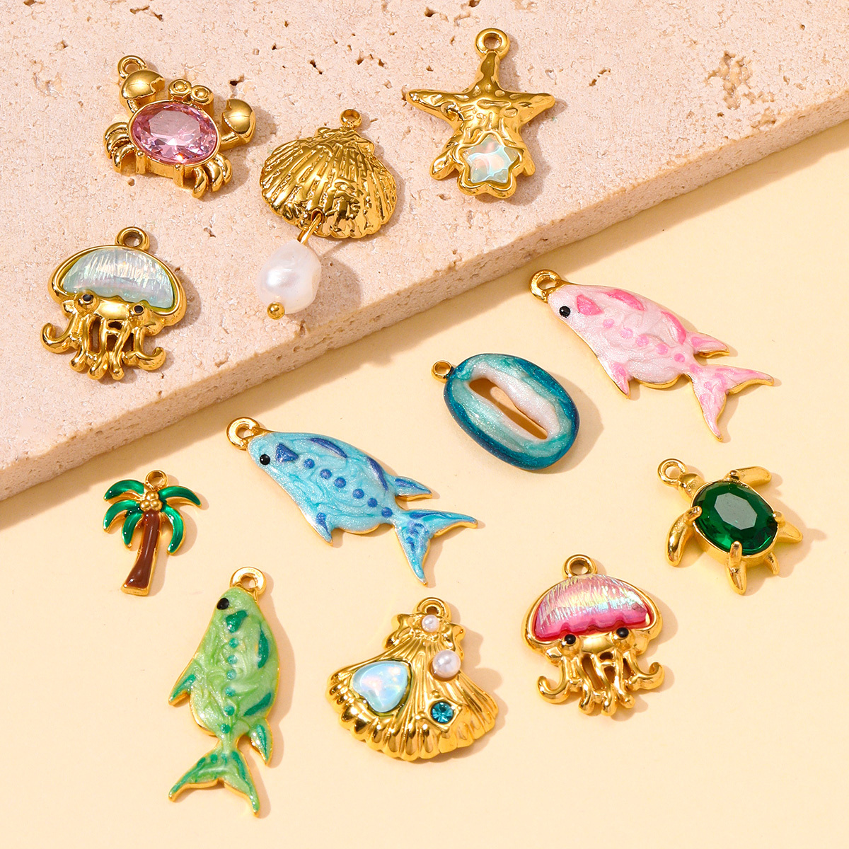 6pcs/pack Stainless Steel Enamel Plam Tree Shell Diy Earring Charms Crab Turtle Jellyfish Necklace Pendants Women Sea Ocean Jewelry