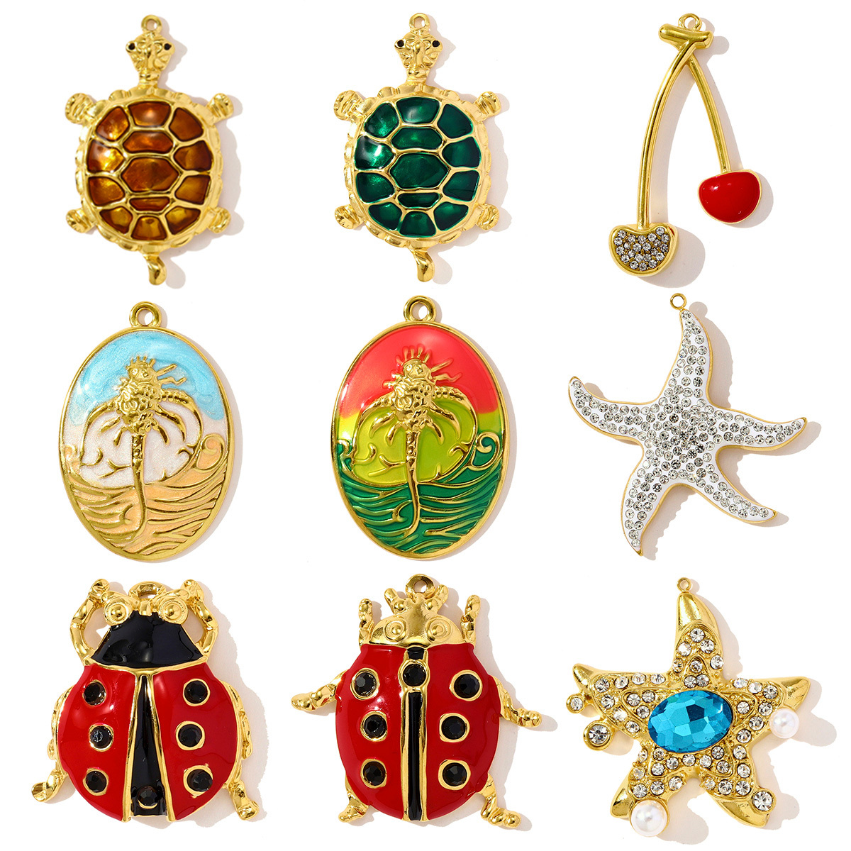 6pcs/pack Stainless Steel Rhinestone Starfish Turtle Diy Charms Enamel Cherry Ladybird Earring Pendants Women Ocean Fish Jewelry