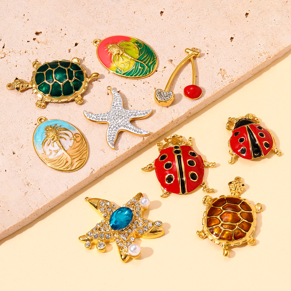 6pcs/pack Stainless Steel Rhinestone Starfish Turtle Diy Charms Enamel Cherry Ladybird Earring Pendants Women Ocean Fish Jewelry