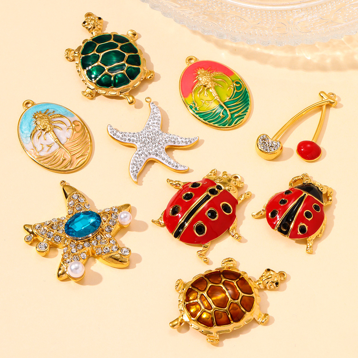 6pcs/pack Stainless Steel Rhinestone Starfish Turtle Diy Charms Enamel Cherry Ladybird Earring Pendants Women Ocean Fish Jewelry